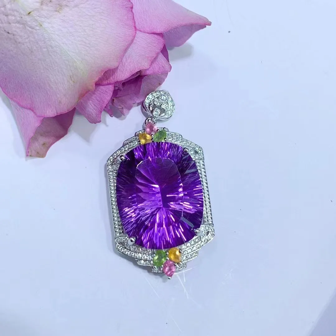 Amethyst Pendant French Niche 20x25mm, S925 Silver White Gold Plated No Chain