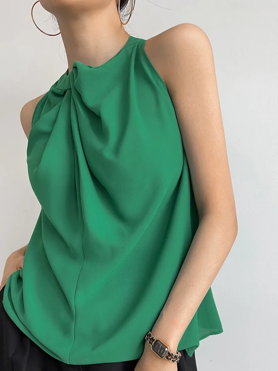 Summer New Women's Loose Fit Knot Ne Vest irt Design Sensation Retro High Matchabili Top Pure Color Commute Sle