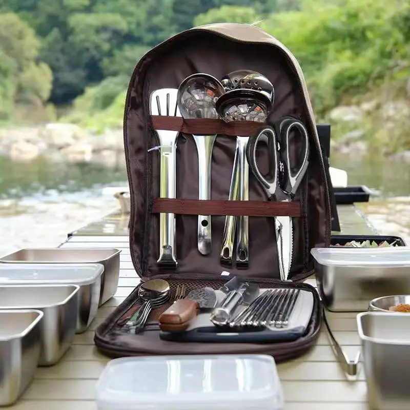 8pcs Stainless Steel Camping Utensil Set Portable Outdoor Kitchen Cooking Tools with Organizer Bag for BBQ Picnic Travel