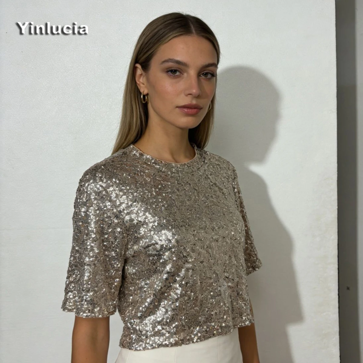 Full Sequin Shiny Tee Sexy Short Navel Tops Half Sleeve Women Blouses Party Focus Hot Babes Loose Pullover Y2K Street Wear New view 3