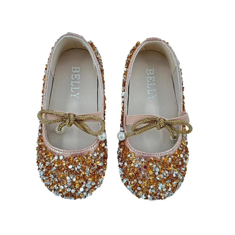 Girls Glitter Shoes for Wedding Party Kids Flat Rhinestone with Pendant Princess Sweet Little Children Dress Shoes Elastic Band