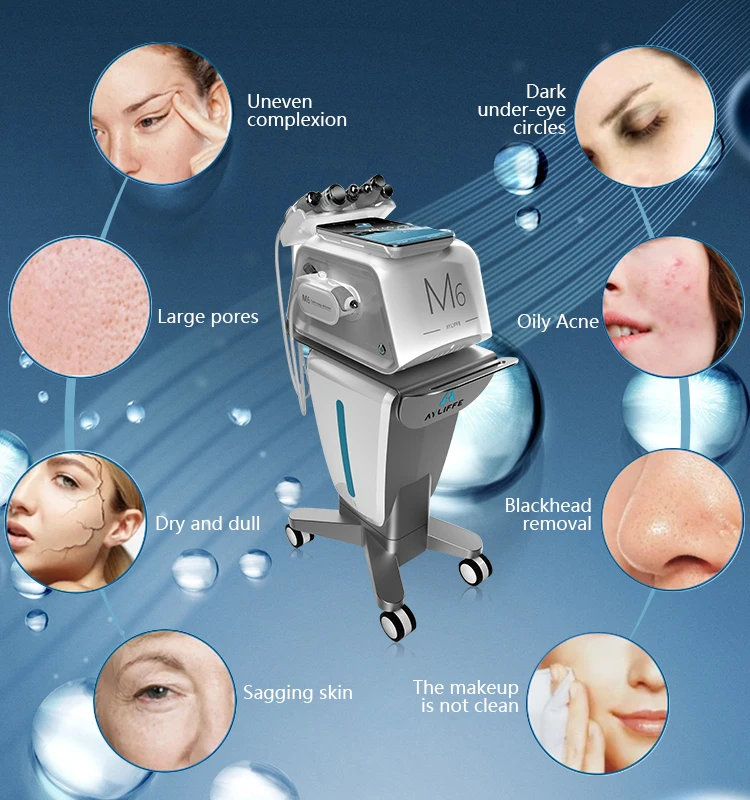 Neueste 6-in-1-Sauerstoff-Wasser-Gesichtsmaschine Haut Tiefenreinigung Gesichtsaufhellung Aqua Dermabrasion Black Head Removal Beauty Device