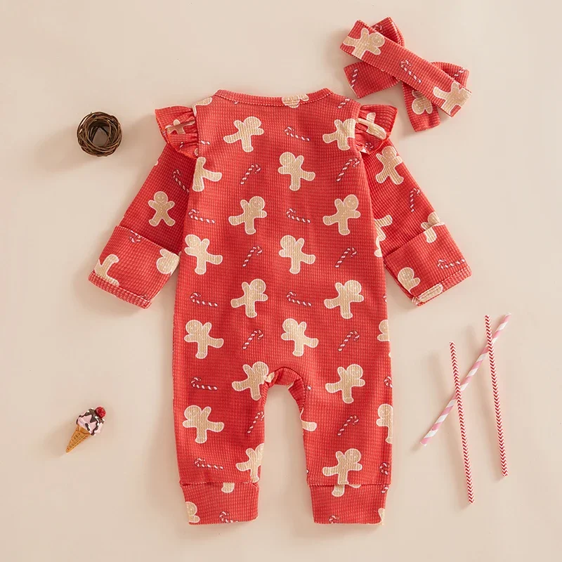 Christmas Newborn Baby Girls Rompers Clothes Long Sleeve O Neck Gingerbread Print Ruffles Trim Zipper Jumpsuits Headband Outfits