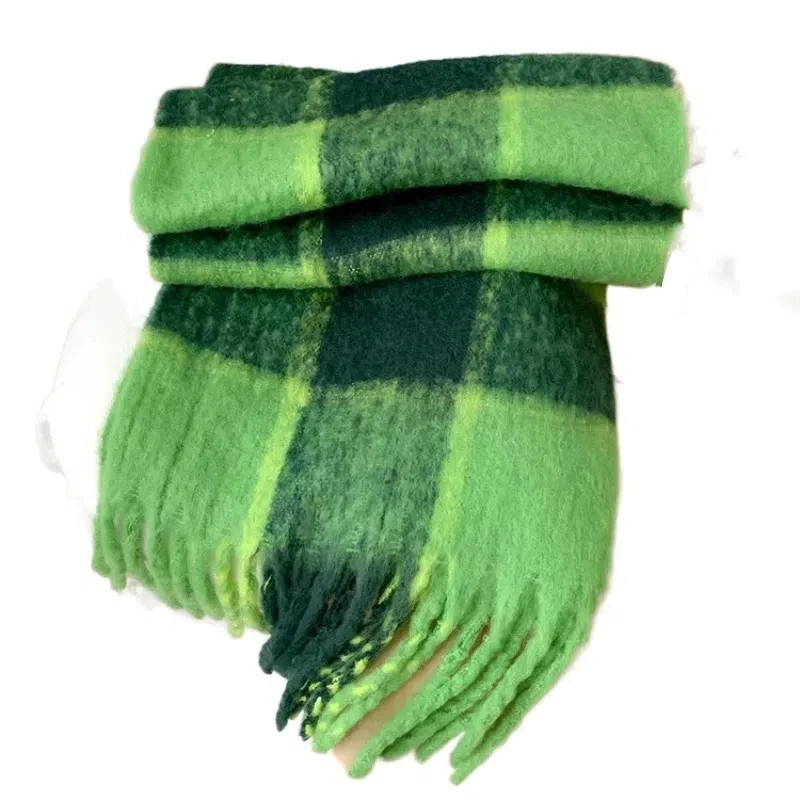 

Korean Style Women's Cashmere Shawl Thickened Color Contrast Knitted Plaid Scarf Windproof Neck Protection