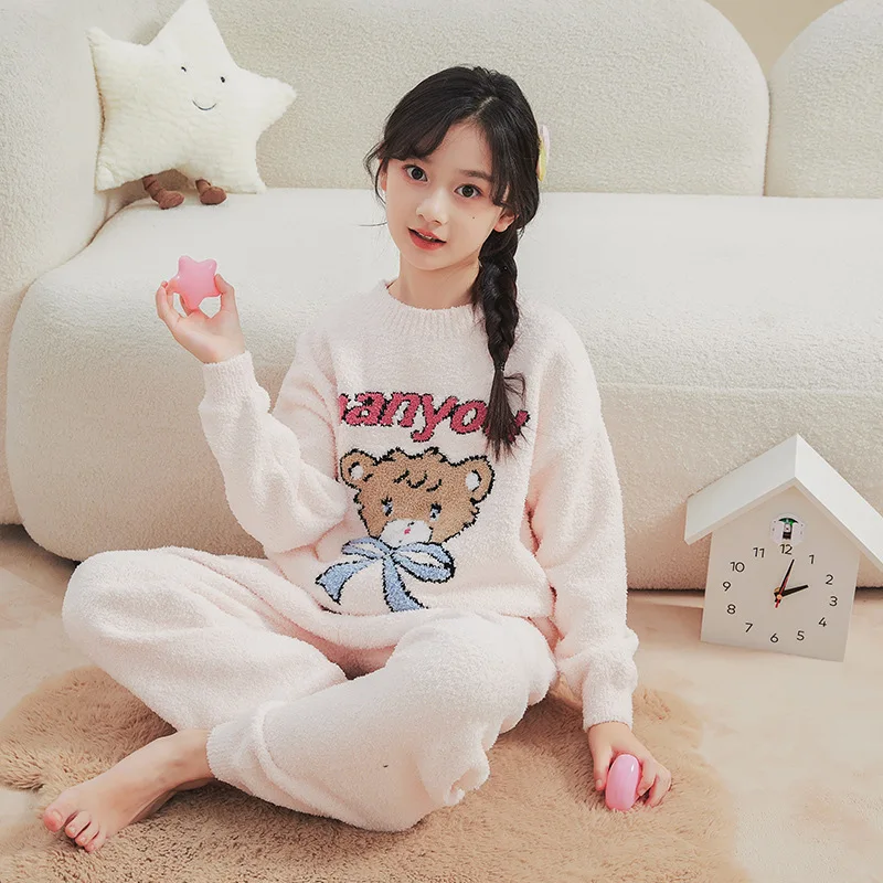 2024 Winter Autumn Winter Children Girl Coral Fleece Home Clothing Junior Girl Cartoon Bear Thick Warm Soft Flannel Pajama Sets