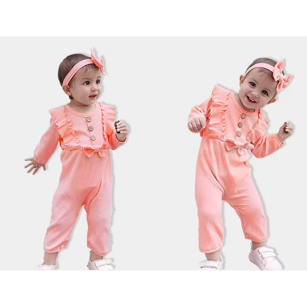 Infant Baby Girls Romper Newborn Baby Girl Clothes Solid Color Ribbed Jumpsuit with Headband 2PCS Outfits