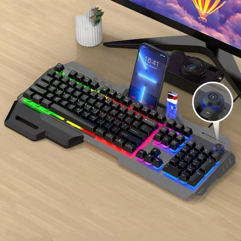 Unsharkable 104 Keys Gaming Computer Lighting USB Port Black Wired Keyboards Metal Wrist Rest Knob Gaming Keyboard and Mouse Set