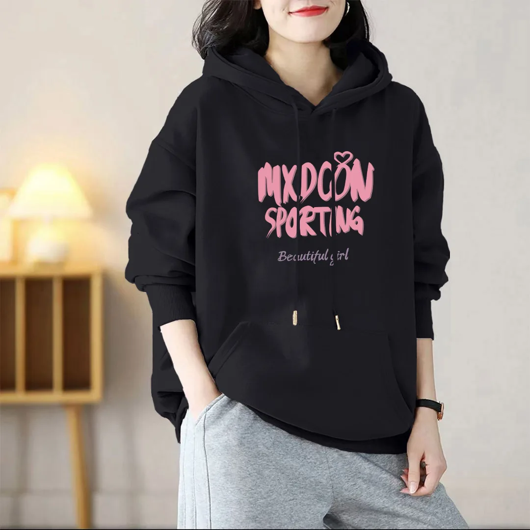 Women Clothing Commute Large Version Hoodies Letter Printed Chic Pure Cotton Pullovers Autumn Winter Pockets Printed Sweatshirts