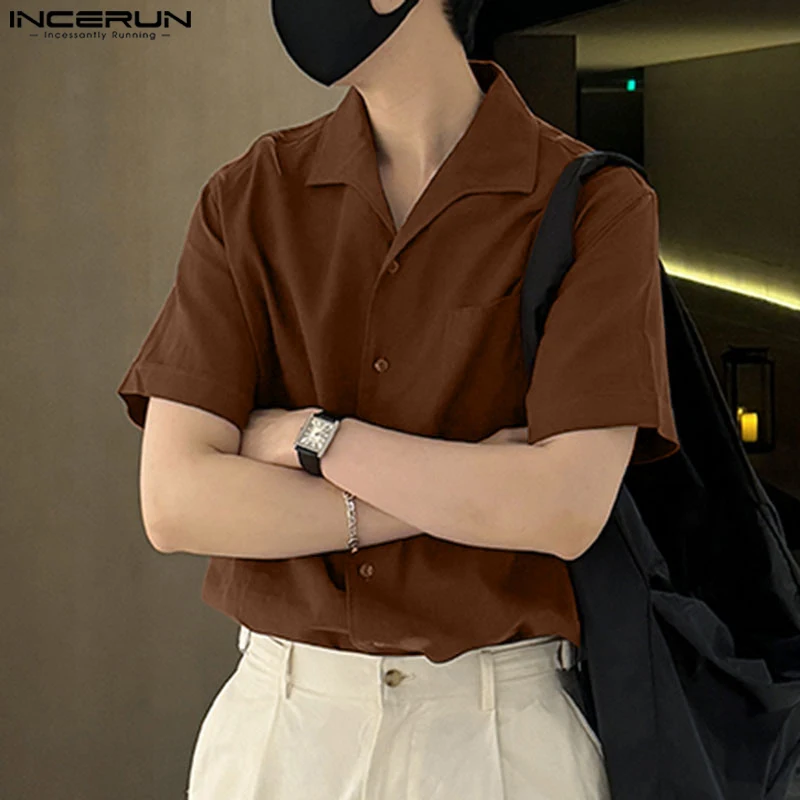 INCERUN Tops 2024 Korean Style Fashion New Men's Solid All-match Shirt Casual Streetwear Simple Lapel Short Sleeved Blouse S-5XL