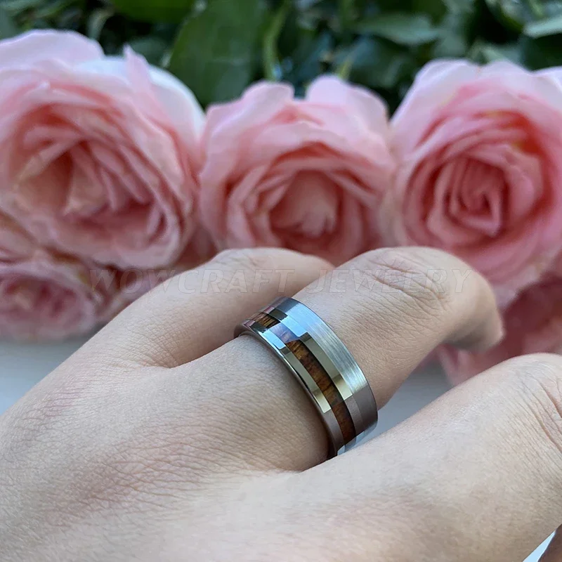 Pip Cut Wood Inlay Tungsten Carbide Ring Men Wedding Band Polished Shiny Comfort Fit Modern for Women Engagement Ring