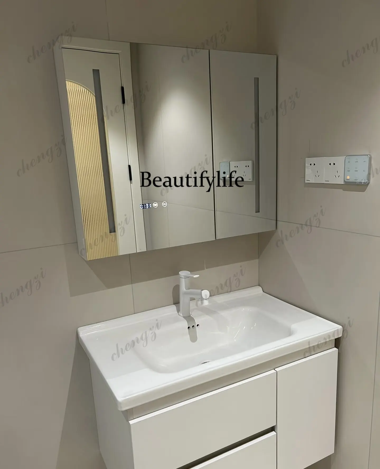 Cream wind solid wood double pumping toilet side cabinet ceramic integrated bathroom cabinet hand wash basin toilet