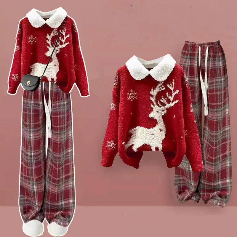 Winter Set 2024 New Year Korean Version Red Doll Collar Sweater+flannel Checkered Pants Two-piece Set Christmas Clothing Sweater