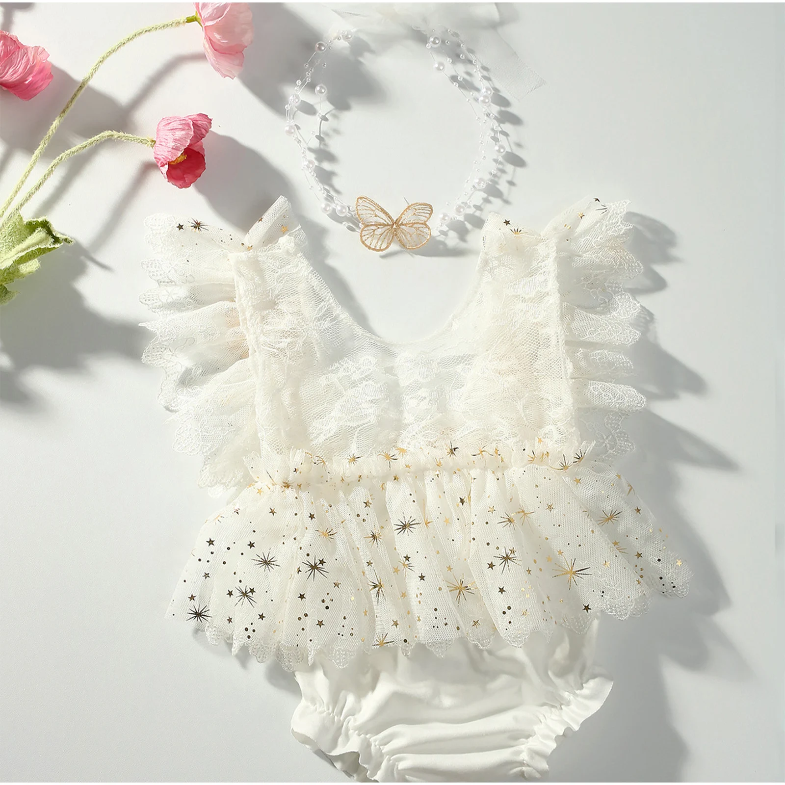 الوليد الرضع الفتيات التصوير رومبير الترتر الدانتيل لطيف فراشة توتو فستان الأميرة ارتداءها مع عقال لاستحمام الطفل