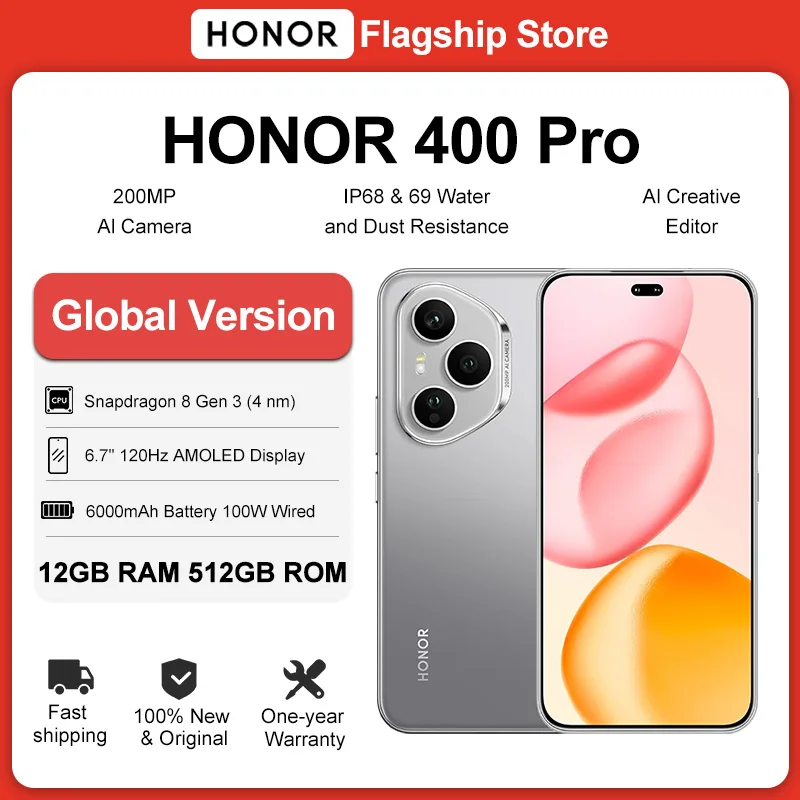 HONOR 400 Pro 5G Smartphone 6.7'' 120Hz AMOLED Display 200MP Camera Snapdragon 8 Gen 3 6000mAh 100W Wired 50W Wireless eSIM NFC