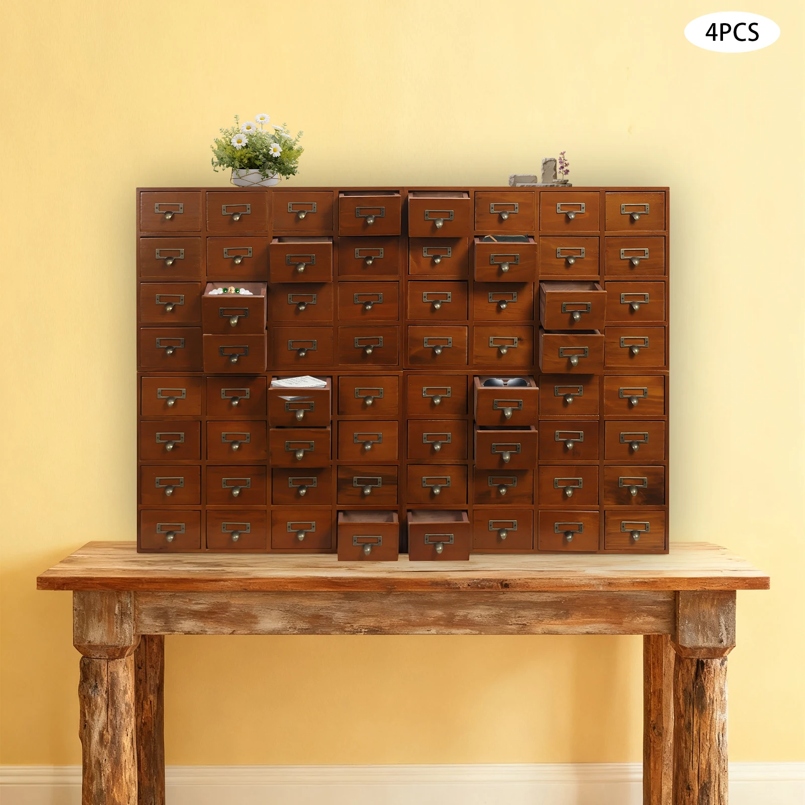 4 Pack 16 Drawer Cabinet Vintage Wooden Storage Cabinet Tabletop Storage Cabinet  Rustic Desk Drawer Organizer Wooden Sorting Box for Cosmetics Jewelry Herbal