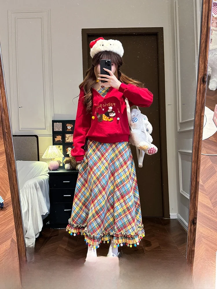 

Sweet Style V-Neck Hoodie Sweatshirt Women's Loose Long Sleeve Red Outerwear for New Year Polyester Viscose Spandex Blend