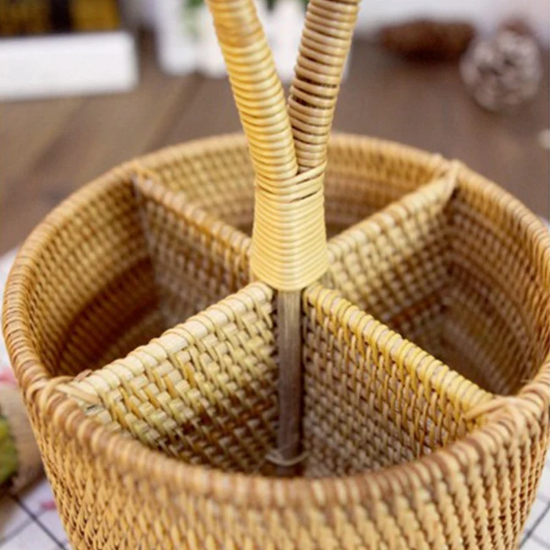 Hand-Woven Rattan Storage Basket Portable Round Four Compartment Storage Fruit Basket Fruit Basket Straw Gourmet Orchard Storage