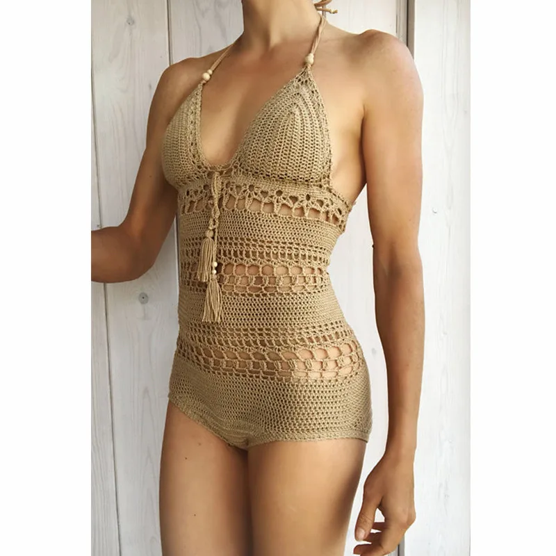 European and American Trend Handmade Crochet Women's Summer Hollowed Out Sexy One-piece Suspender Bikini Beach Swimsuit