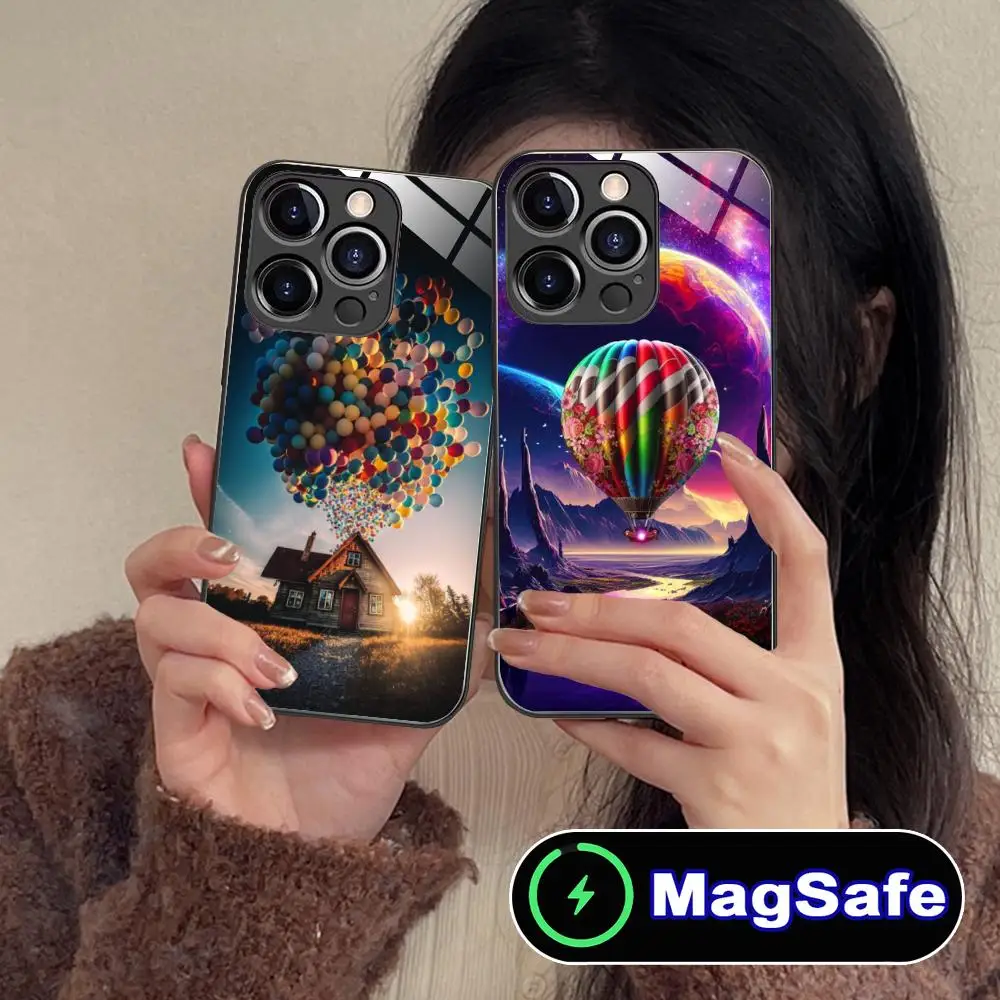 

Чехол для телефона с изображением воздушного шара для iPhone 17 16 15 14 13 12 11 Air Pro Max Plus Mini, стеклянный, цветной, с поддержкой MagSafe