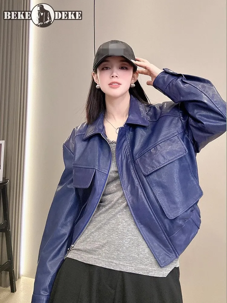 Spring Women Genuine Leather Cargo Jacket Loose Fit Casual High Street Zipper Long Sleeve Punk Motorcycle Sheepskin Short Coat