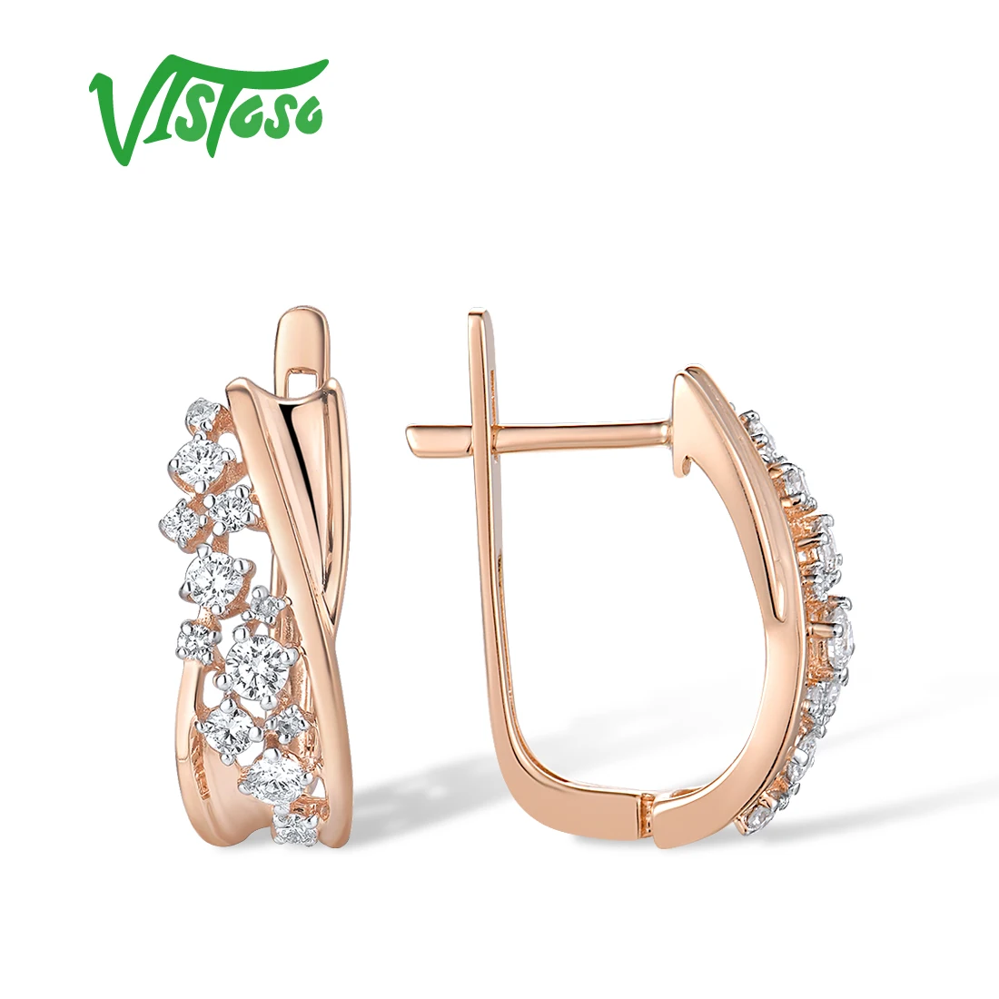 VISTOSO Genuine 14K 585 Rose Gold Earrings For Women Sparkling Diamond Classic Earrings Elegant Wedding Trendy Fine Jewelry