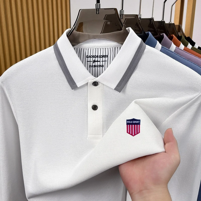 Cotton100% Men's Autumn Long Sleeved Polo Shirt Contrasting Lapel Shield Embroidery High-Quality T-Shirt Top Casual Men Clothing