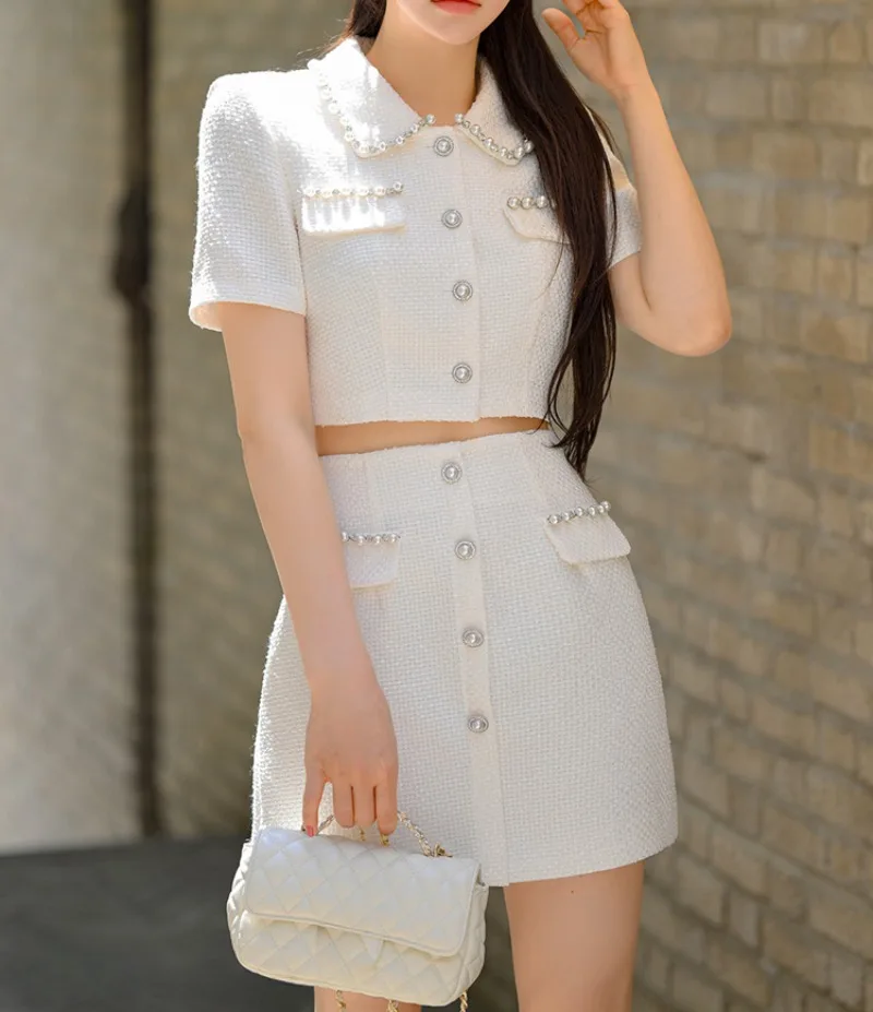 

Chic White Tweed Jackets and Mini Skirts Streetwear Beading Women Two Piece Sets Korean Elegant Party Skirt Sets Office Lady