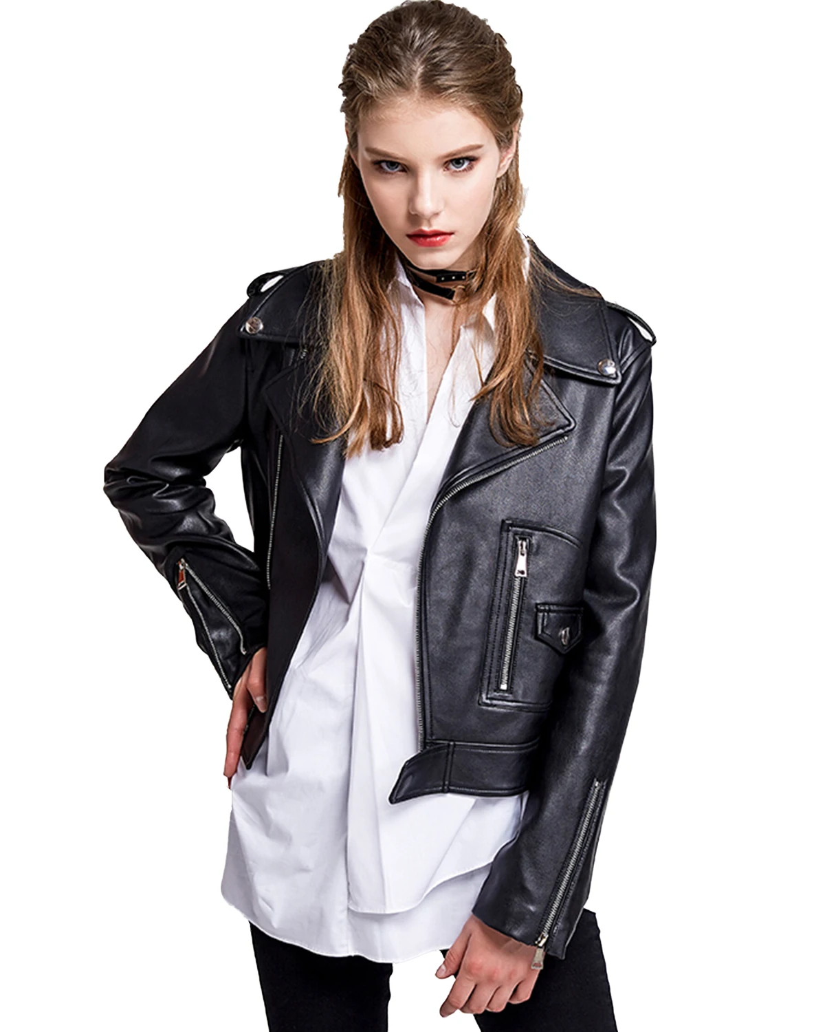 Women\'s Classic Faux Leather Moto Jacket Casual Pleather Jackets Short Coat