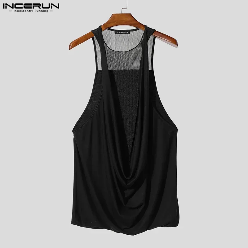 

INCERUN Men Tank Tops Mesh Patchwork See Through Deep V Neck Sleeveless Male Vests Streetwear Sexy Party Fashion Men Clothing