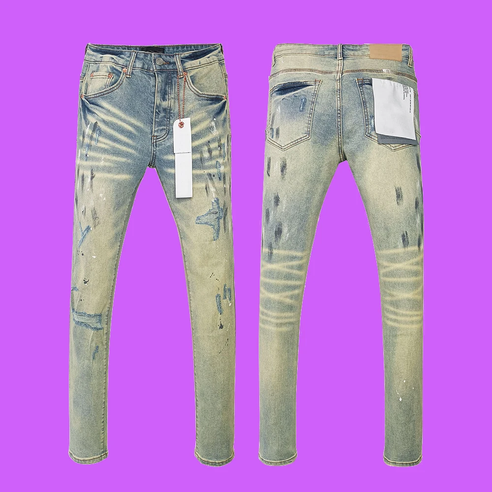 

New Purple roca Jeans Pants American High Street brand Paint Faded Indigo Paint Repair Low Rise Skinny Destroy Wash Men's Jeans