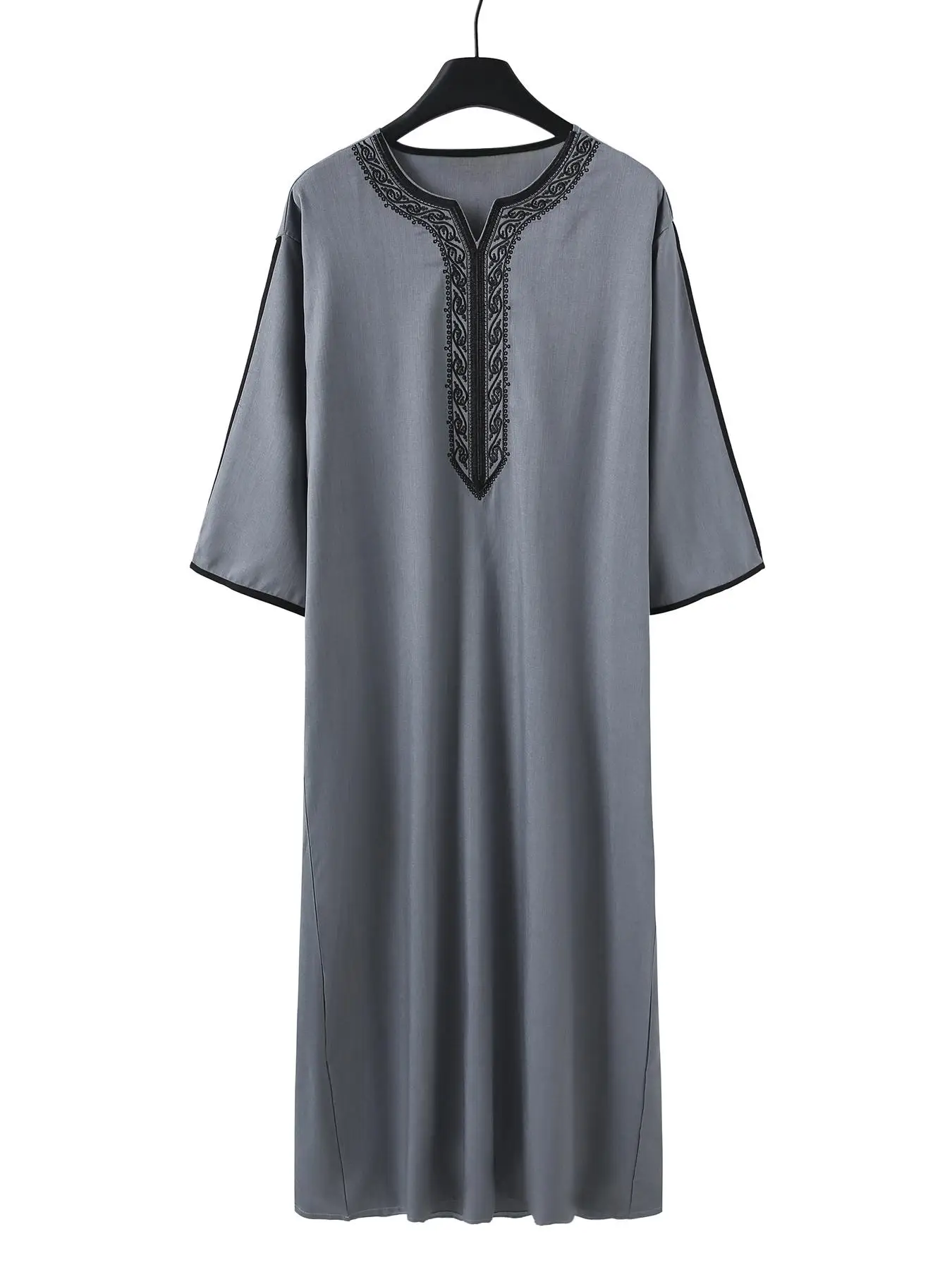 Men's Grey Embroidered round Neck Tunic Robe Traditional Ethnic Style Loose Casual Long Dress for Middle East Africa