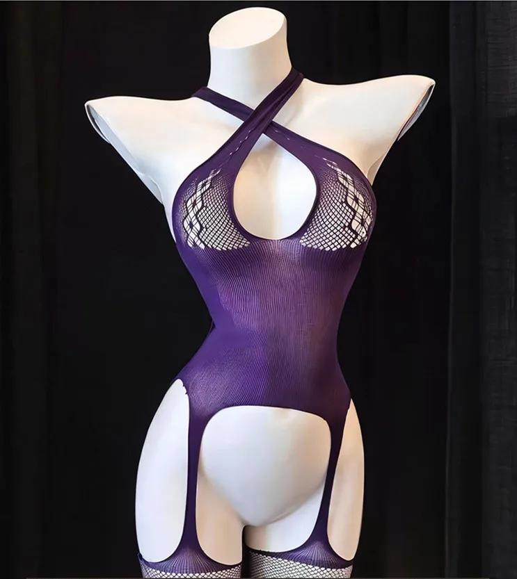 Sexy Crotchless Fishnet Bodystocking Elegant Hollow-Out Design, Women's Lingerie Lace Fishnet Sexy Nightgown Jumpsuit Lingerie