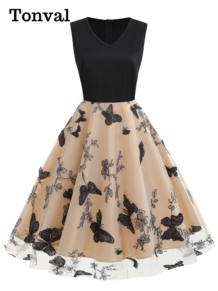 Tonval Black Patchwork Butterfly and Floral Embroidered Mesh Elegant Dresses Women Sleeveless Vintage Style Midi Dress