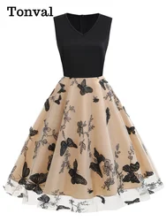 Tonval Black Patchwork Butterfly and Floral Embroidered Mesh Elegant Dresses Women Sleeveless Vintage Style Midi Dress