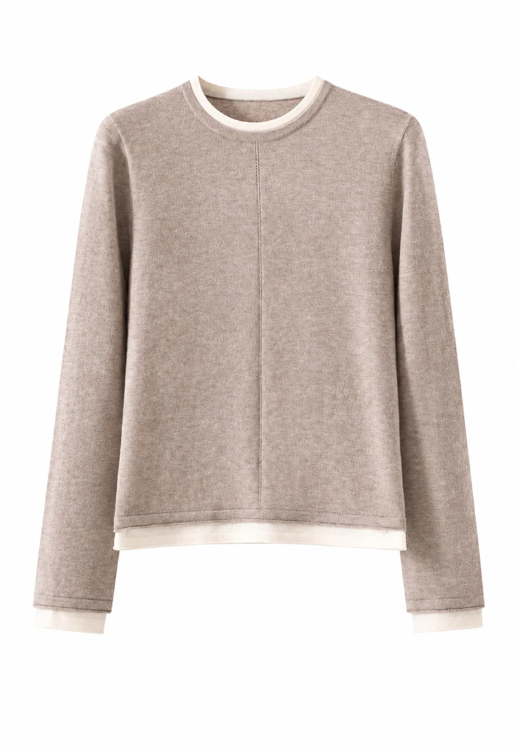 ML62039 Damen-Strickpullover mit Rundhalsausschnitt, Langarm, Zweiteiler-Optik, Kontrastfarbener Besatz, Lässiger Pullover für Herbst und Winter – Detail 15