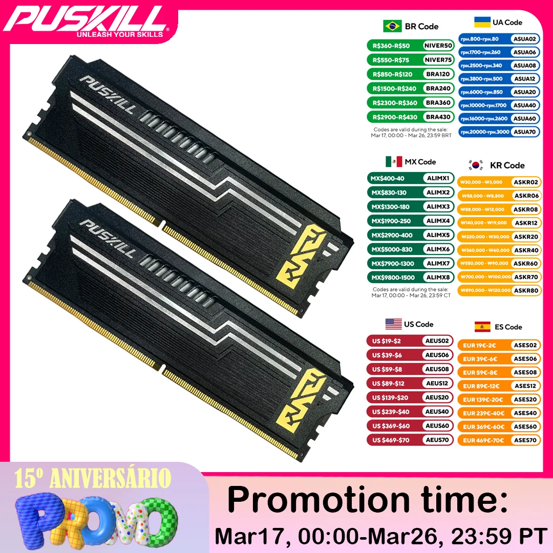 PUSKILL DDR5 Memória RAM Desktop 16GBx2 32GB 6000MHz 6400MHz  Computer UDIMM Cooling Vest Memory With HeatSink