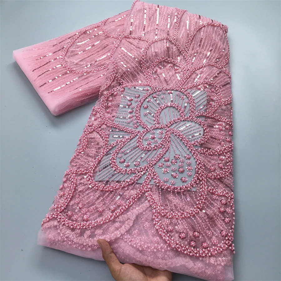 Rosa schwerer, perlenbesetzter Tüll-Spitzenstoff mit floralen Pailletten-Stickereien, französische Netzspitze für nigerianische Hochzeits- und Abendkleider zum Nähen.