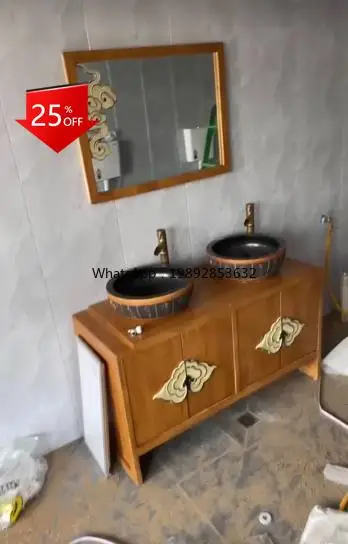

oak solid wood double basin bathroom cabinet combination floor type light luxury bathroom washbasin cabinet
