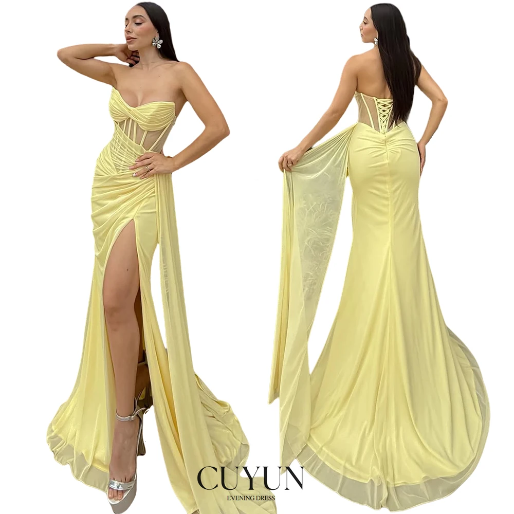 

CUYUN Yellow Chiffon Evening Dresses Sweetheart Side High Slit Sexy Women Prom Dresses Customized Strapless Party Gown
