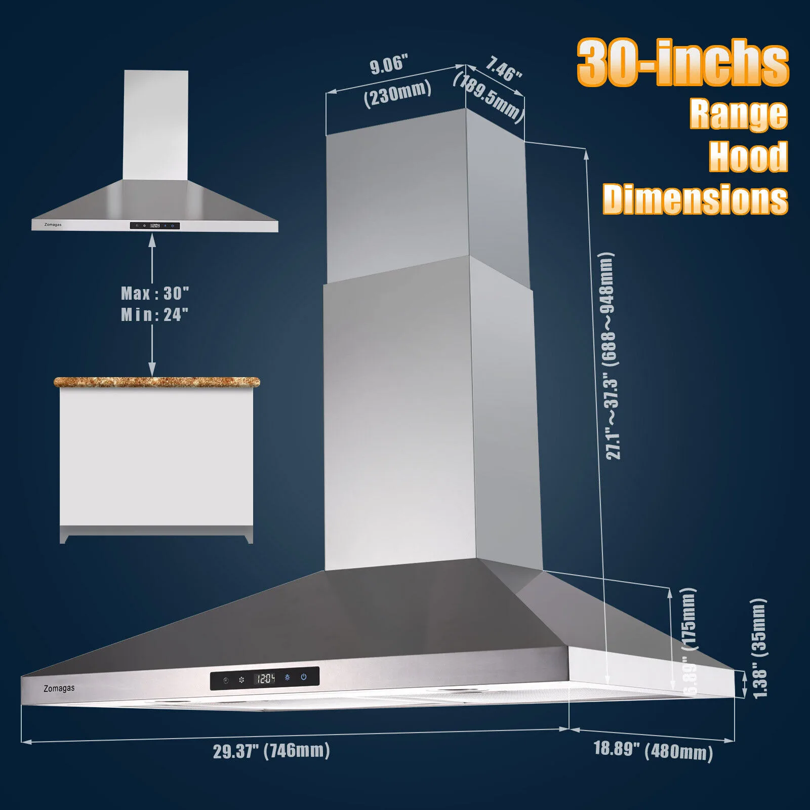 Wall Mount Kitchen 30 inch Duct Convertible Range Hood 700CFM, 3 Speed Fan LED Light Range Hood USYS0375A