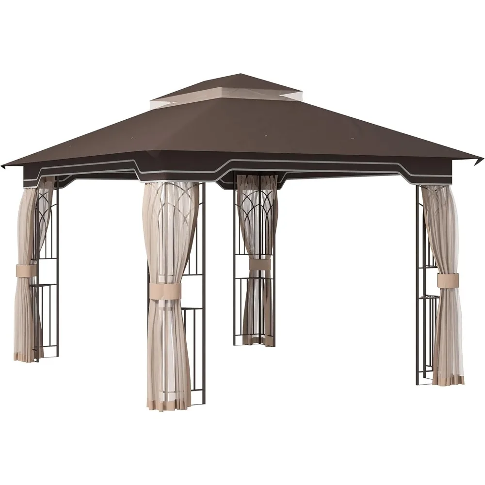 

10' x 12' Patio Gazebo, Double Roof Outdoor Canopy Shelter with Corner Frame and Mesh Netting for Garden, Lawn, Backyar