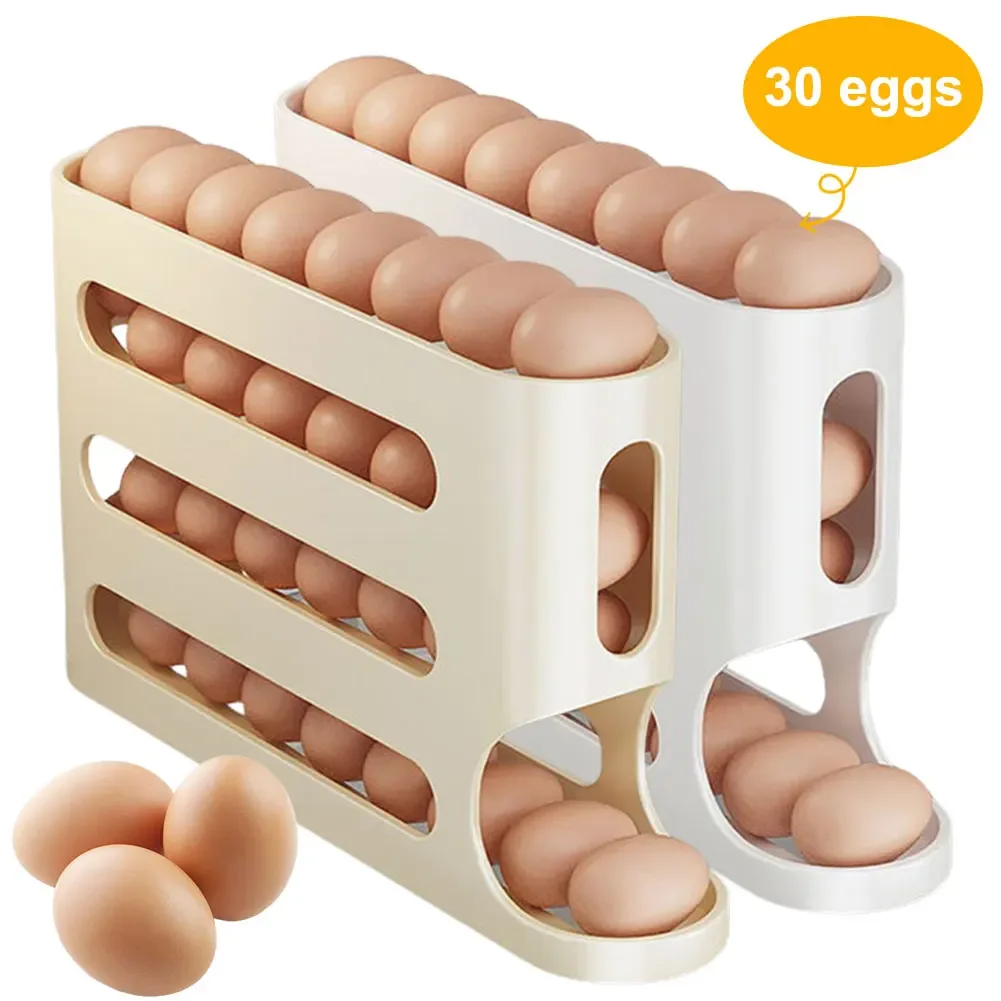 Egg Rack 4 Layers Automatic Scrolling Large Capacity Kitchen Rolling Eggs Container Rolling Eggs Dispenser for Fridge Countertop