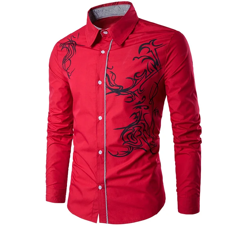 Neues Herren hemd plus Größe Slim Fit Herren Freizeit hemd Frühling Herbst Baumwolle Drachen muster druck weiße Herren Langarmhemd 3xl