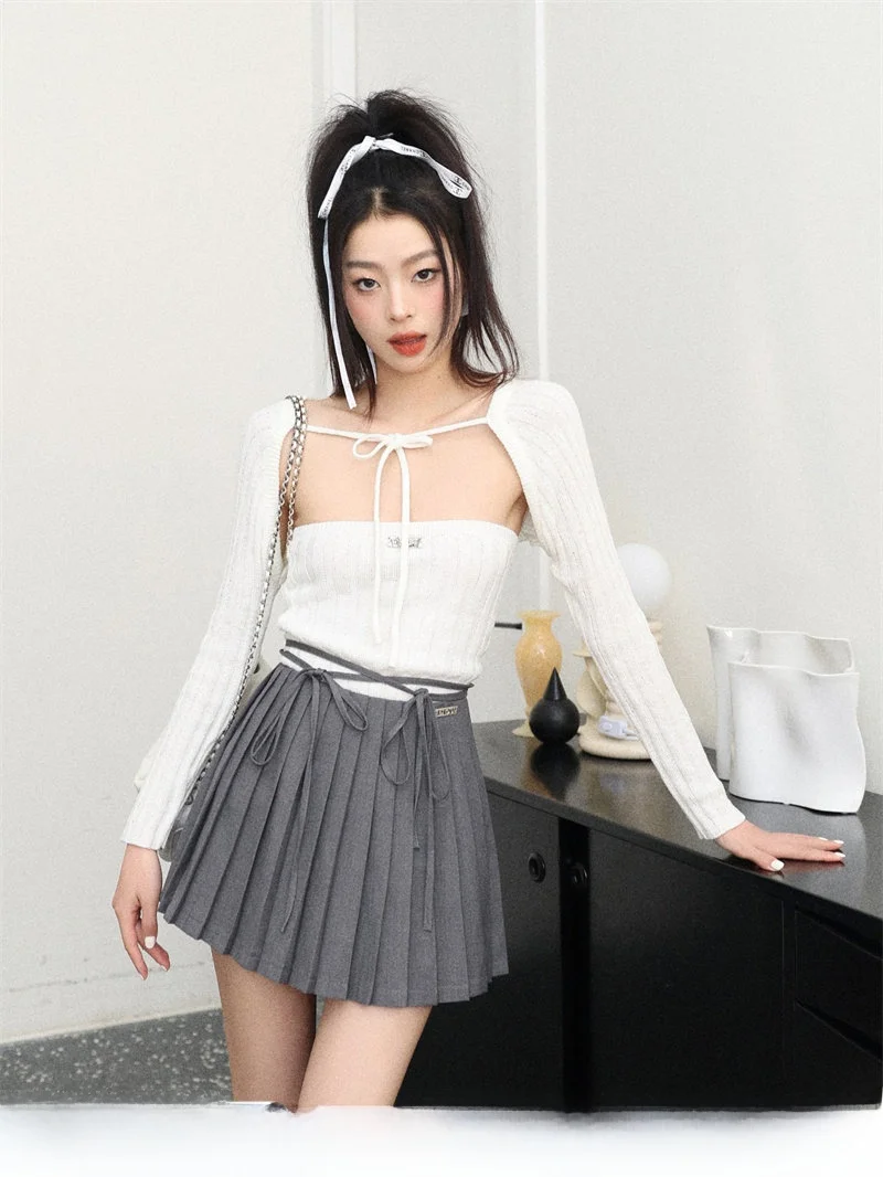 

Asymmetric Waist Tie Grey Pleated Skirt High Waist Design Sense Liilou Intellectual Women's Fashion Spring 2023