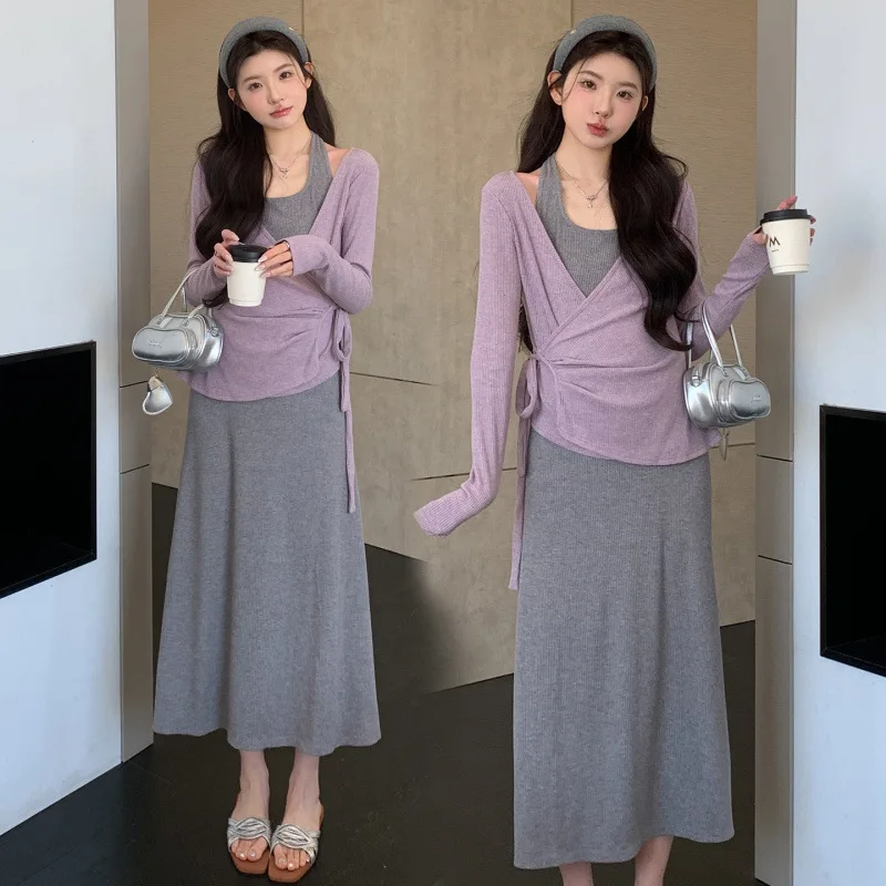 Maternity Suit Spring Summer 2026 Elegant Purple Wrap Cardigan And Gray Halter Neck Dress Two Piece Set For Pregnant Women
