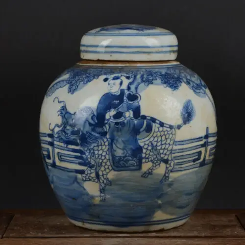 Chinese Blue and White Porcelain Jar Qing Kylin & Kid Design Pot Tea Caddy 6.3