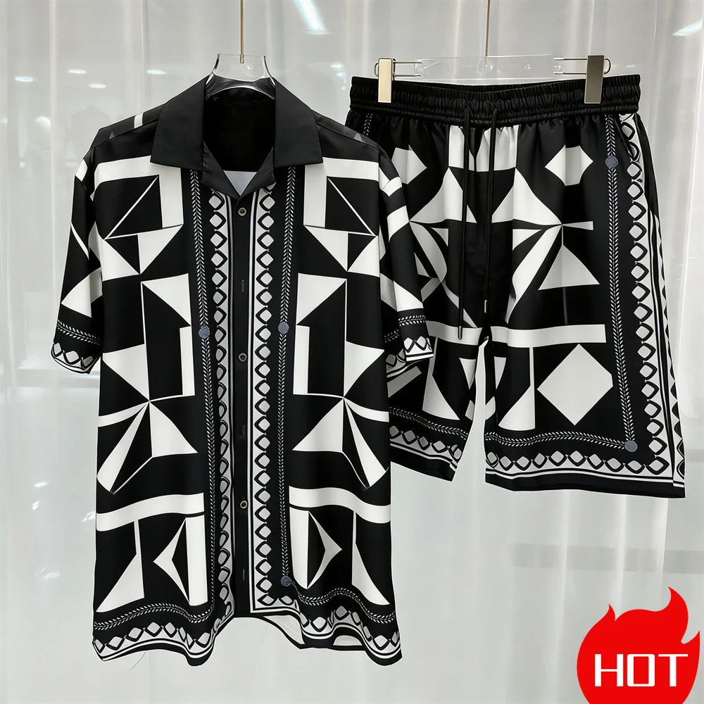 Digital printed men's set fashion two-piece shorts set high-quality summer short sleeved shirt Home leisure set Men y2k clothing