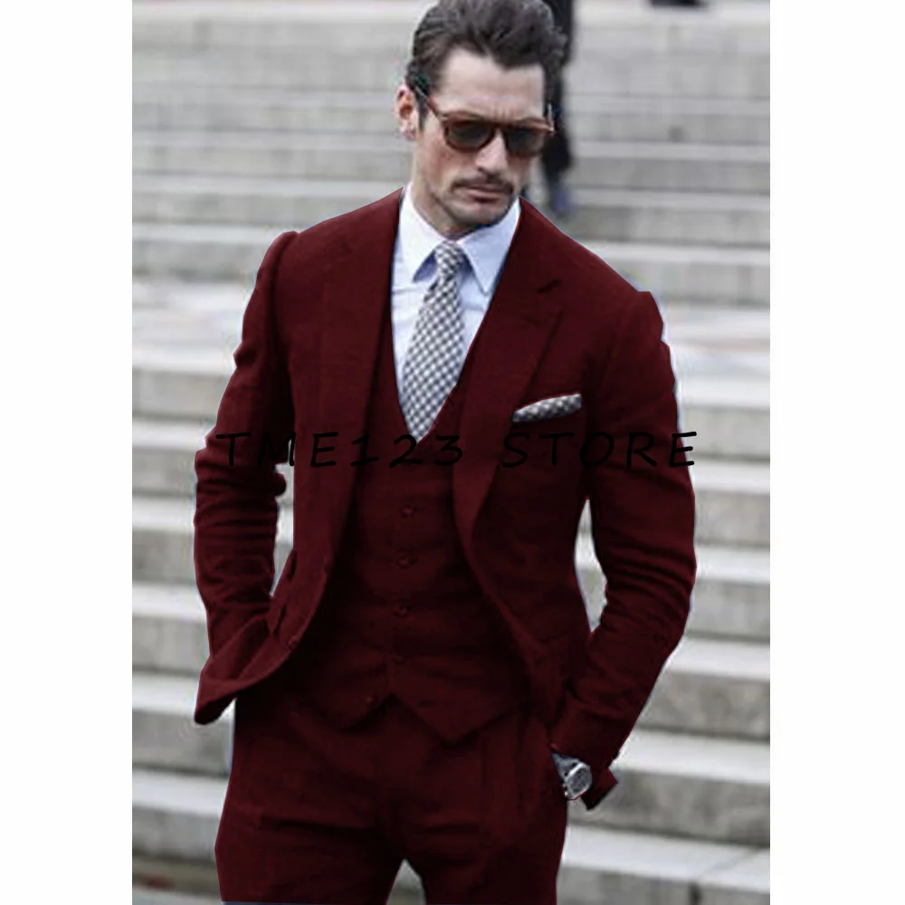 Weding Suit for Men Black Suits for Wedding 2023 Men\'s Flax Casual Business Single Breasted Three-Piece Suit Pants Sets Full