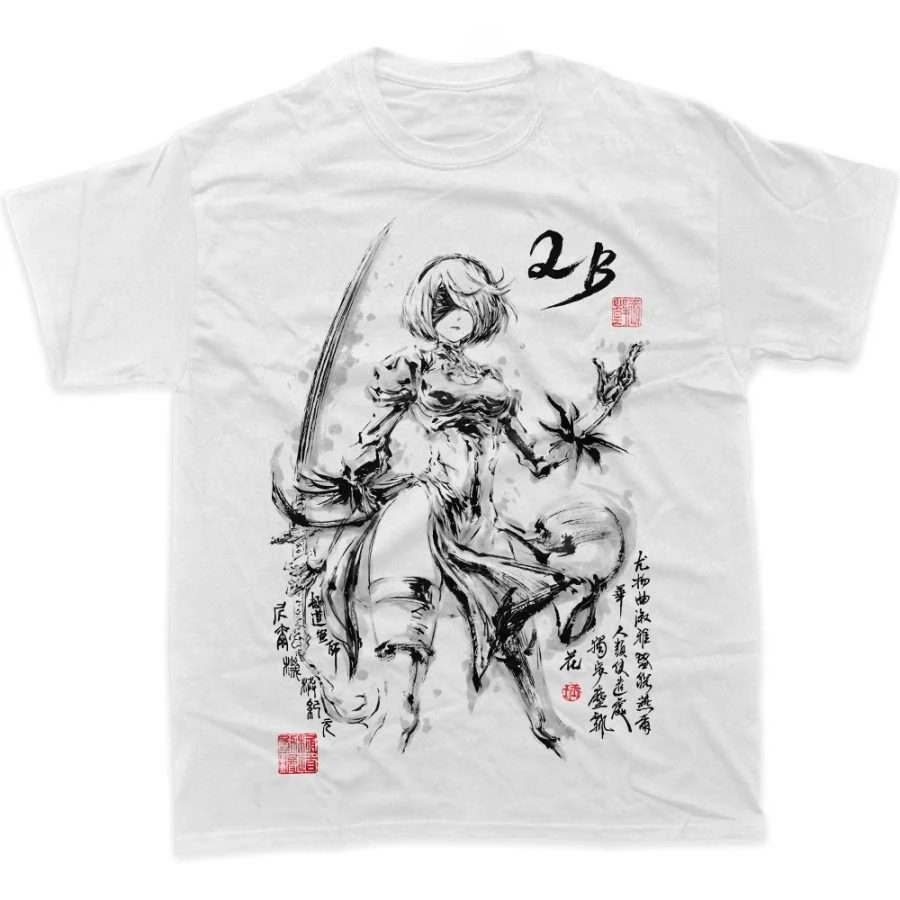 NieR Automata YoRHa 2B Chinese Ink Painting T-shirt Men Oversized Cotton Short Sleeve Retro Anime Harajuku Streetwear Tee