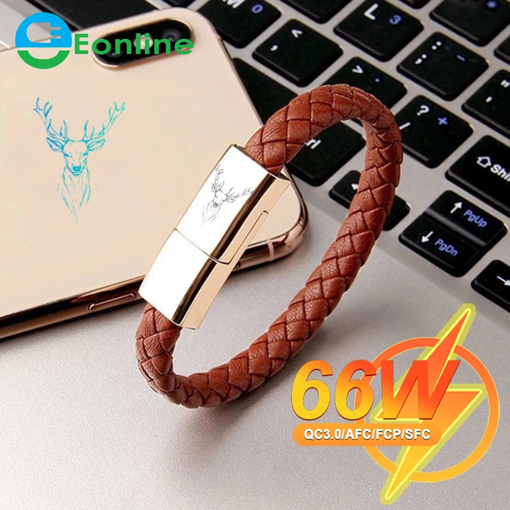 EONLINE 3D 6A Leather Bracelet Cable for All Phones USB Fast Charging for Huawei Samsung OPPO Charging Cable USB C Data Cable